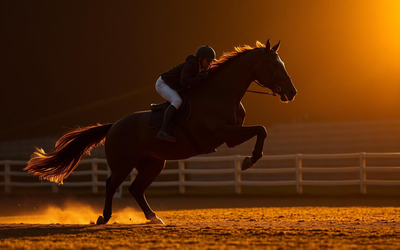 Show jumping horse and rider training at golden hour
