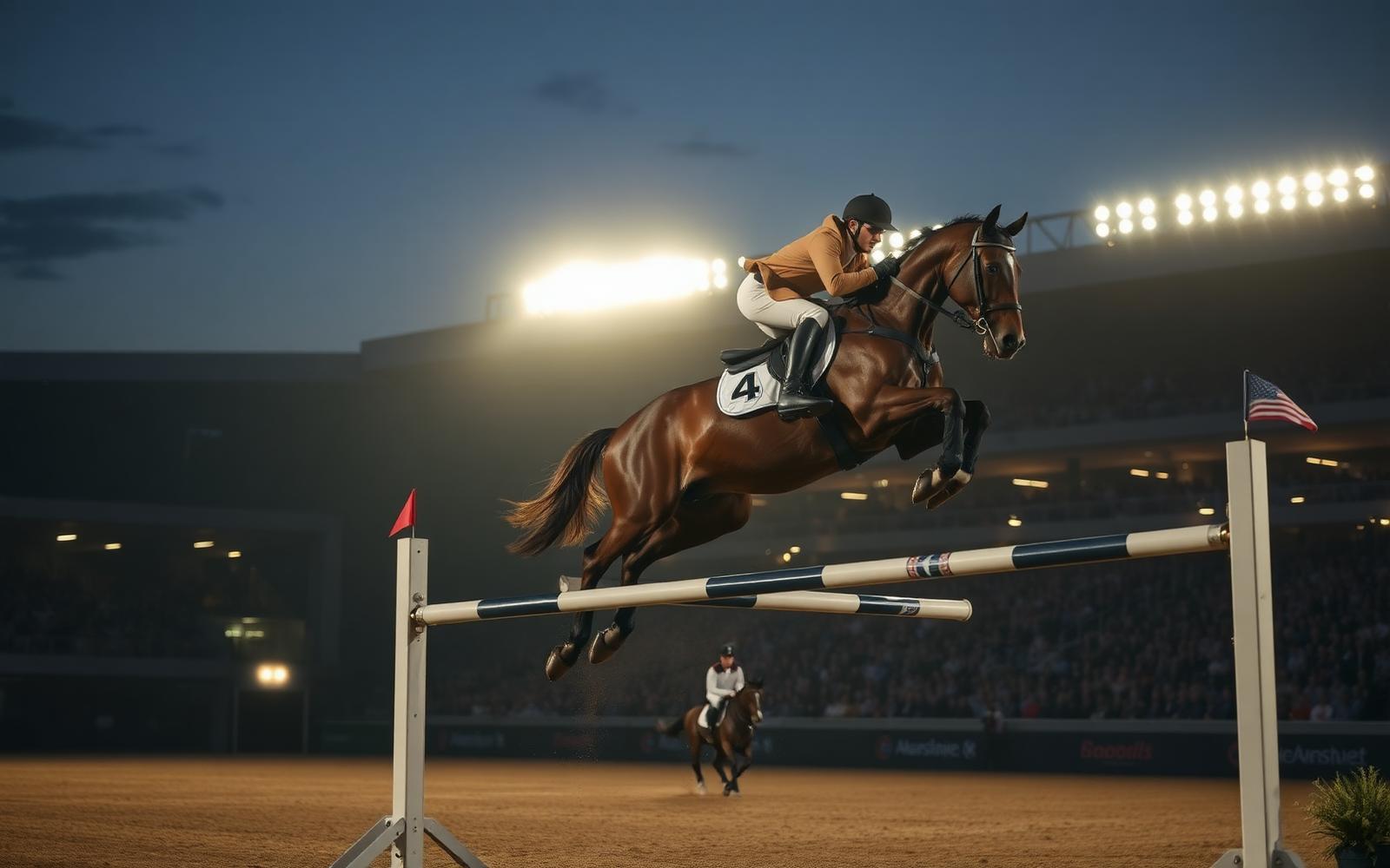 Show jumping horse and rider clearing an oxer under floodlights