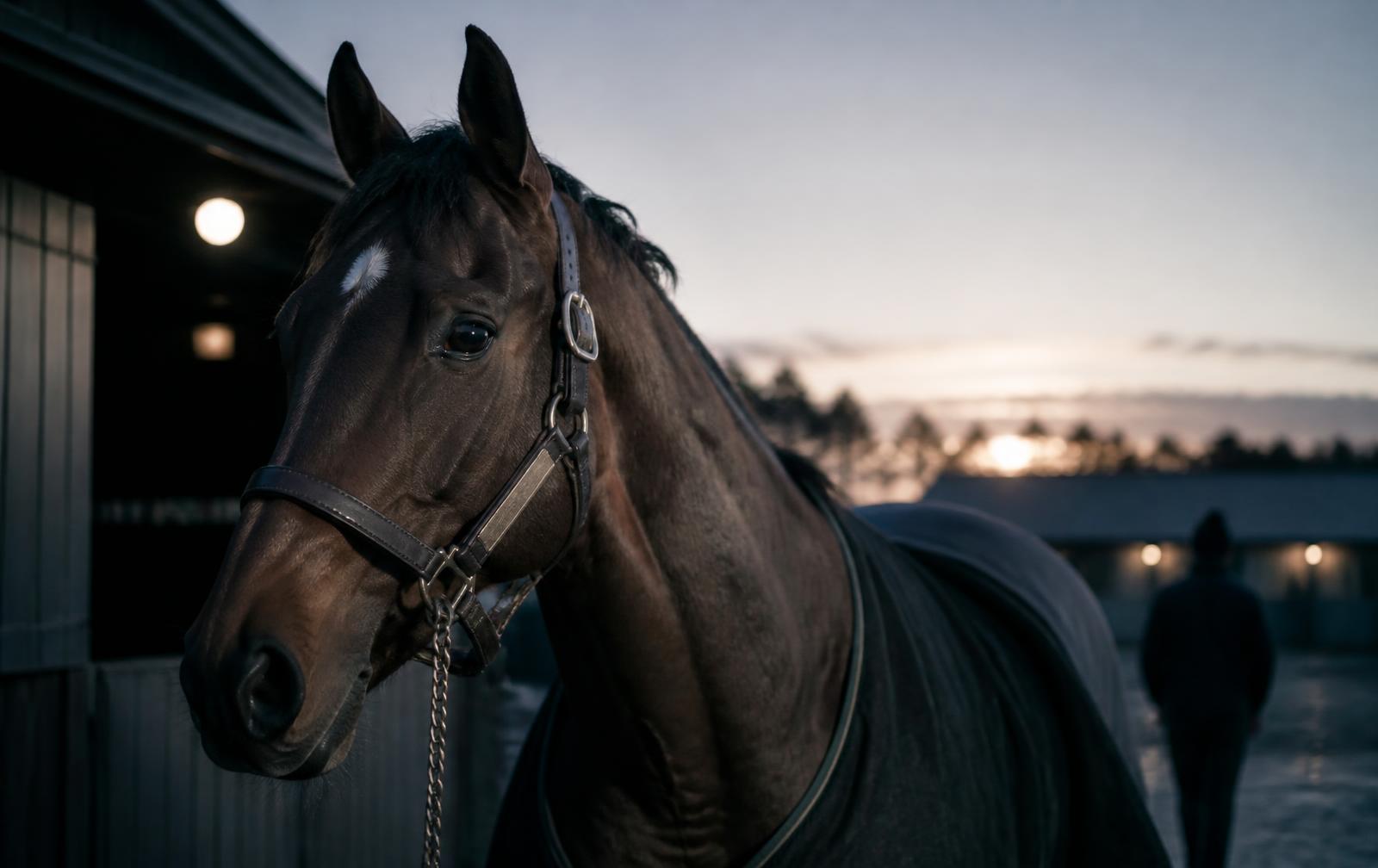 Thoroughbred horse standing in a stable yard at dawn